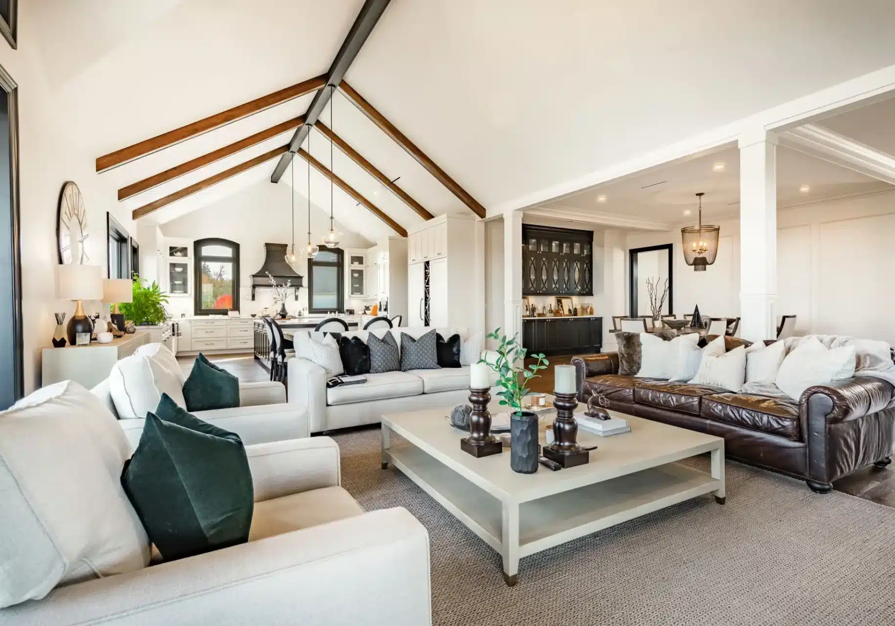 Luxury living room interior with vaulted ceiling
