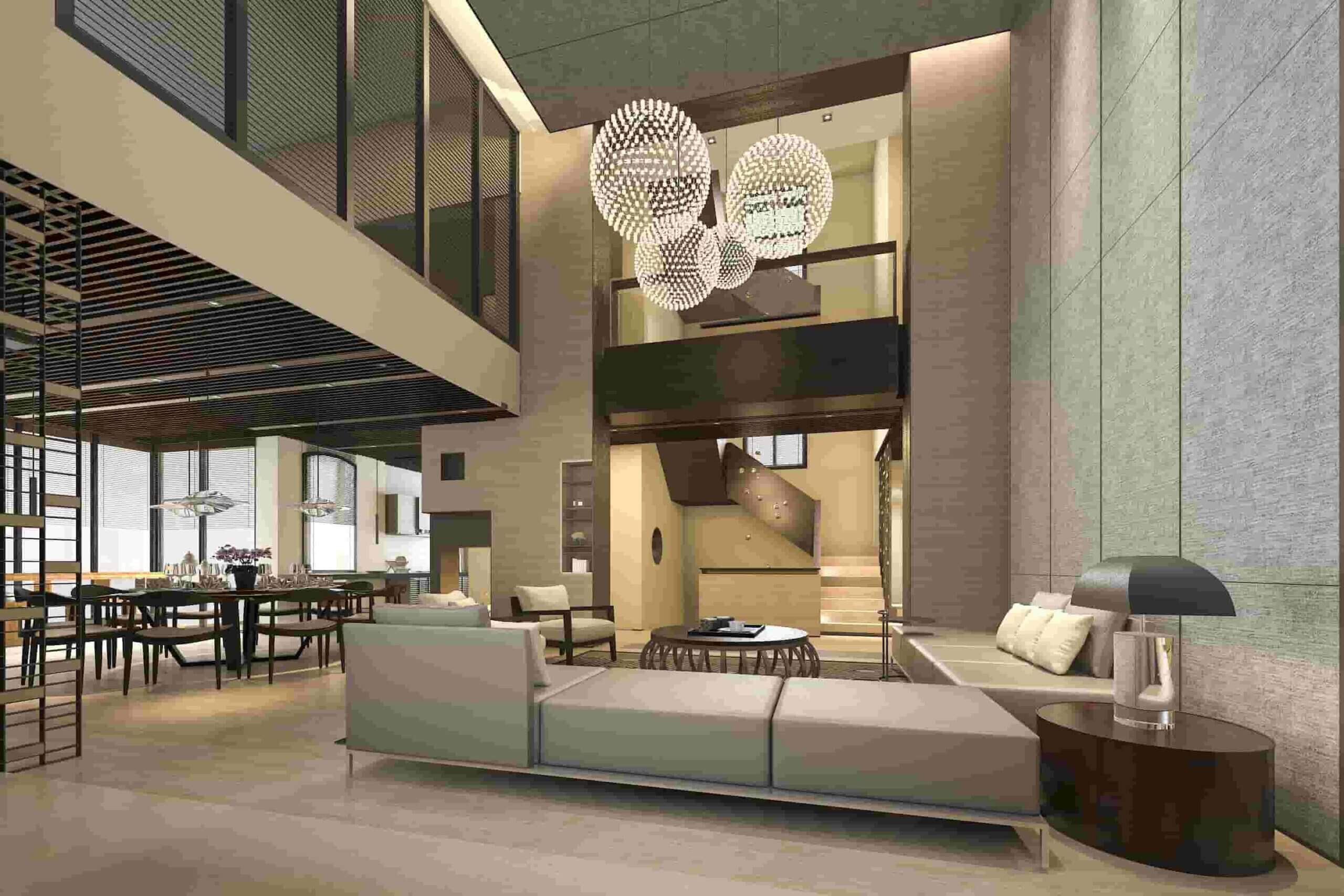 Modern, spacious lobby with high ceilings, contemporary seating, and decorative pendant lighting