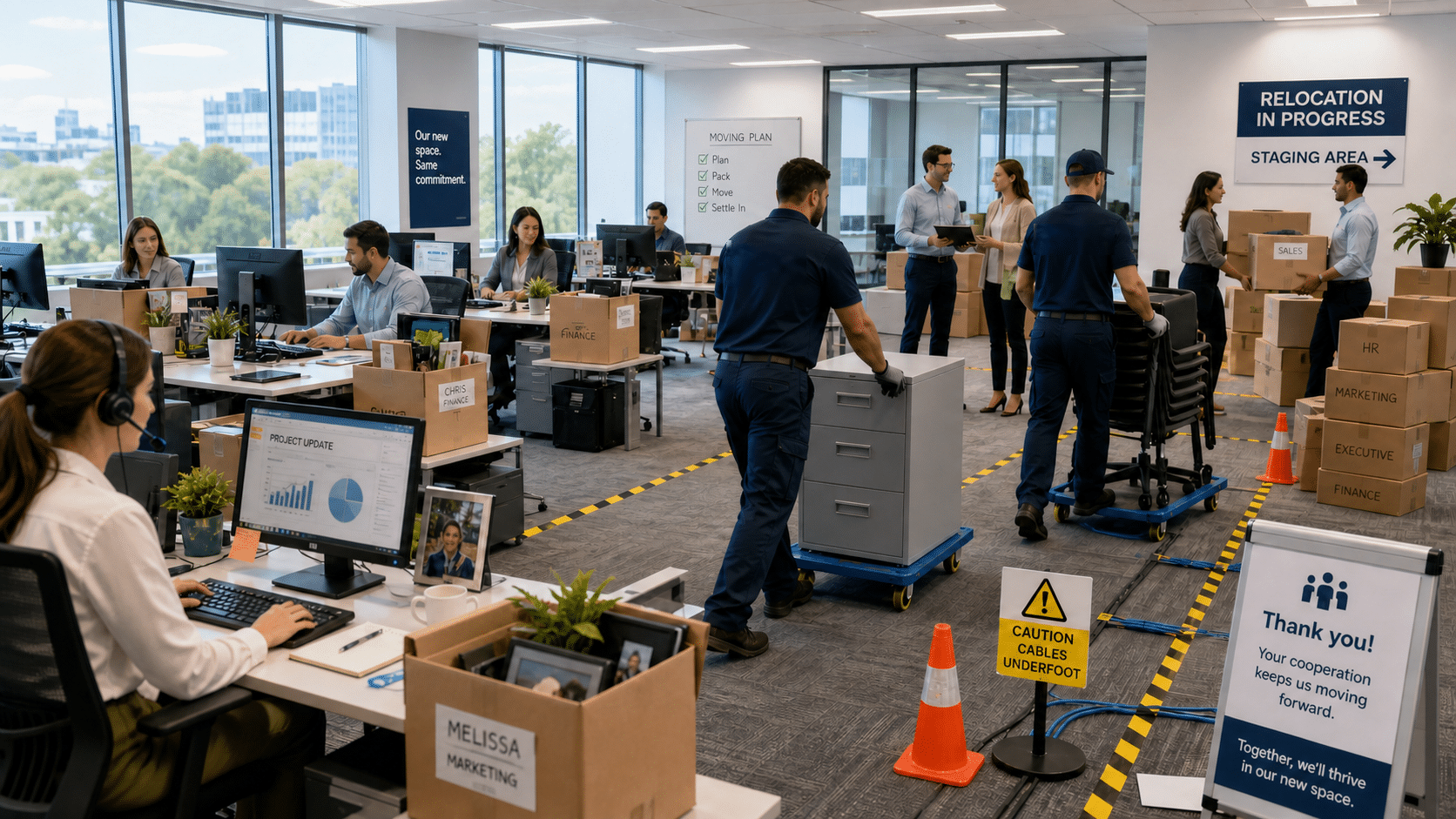 Modern office workspace with employees collaborating
