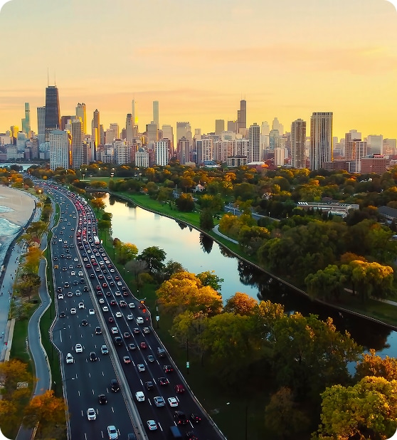 Chicago skyline with traffic along Lake Shore Drive in autumn