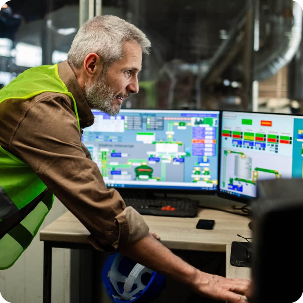 Worker in a control room leaning over a desk while monitoring industrial systems on multiple screens.