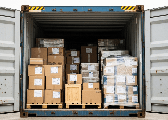 Open shipping container filled with boxes