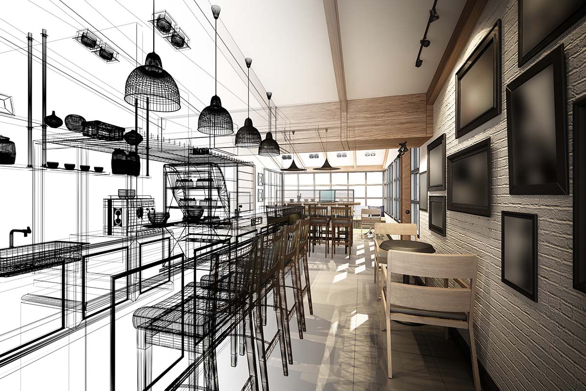 Modern restaurant interior with seating
