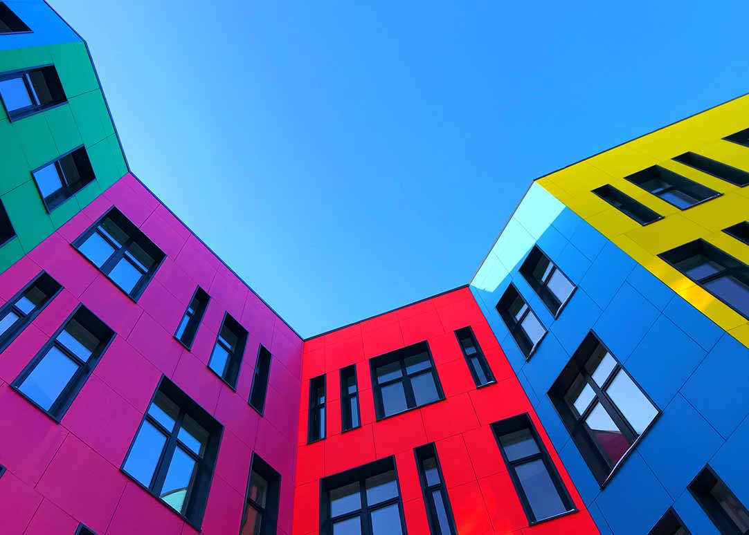 Colorful modern building exterior with bright facade