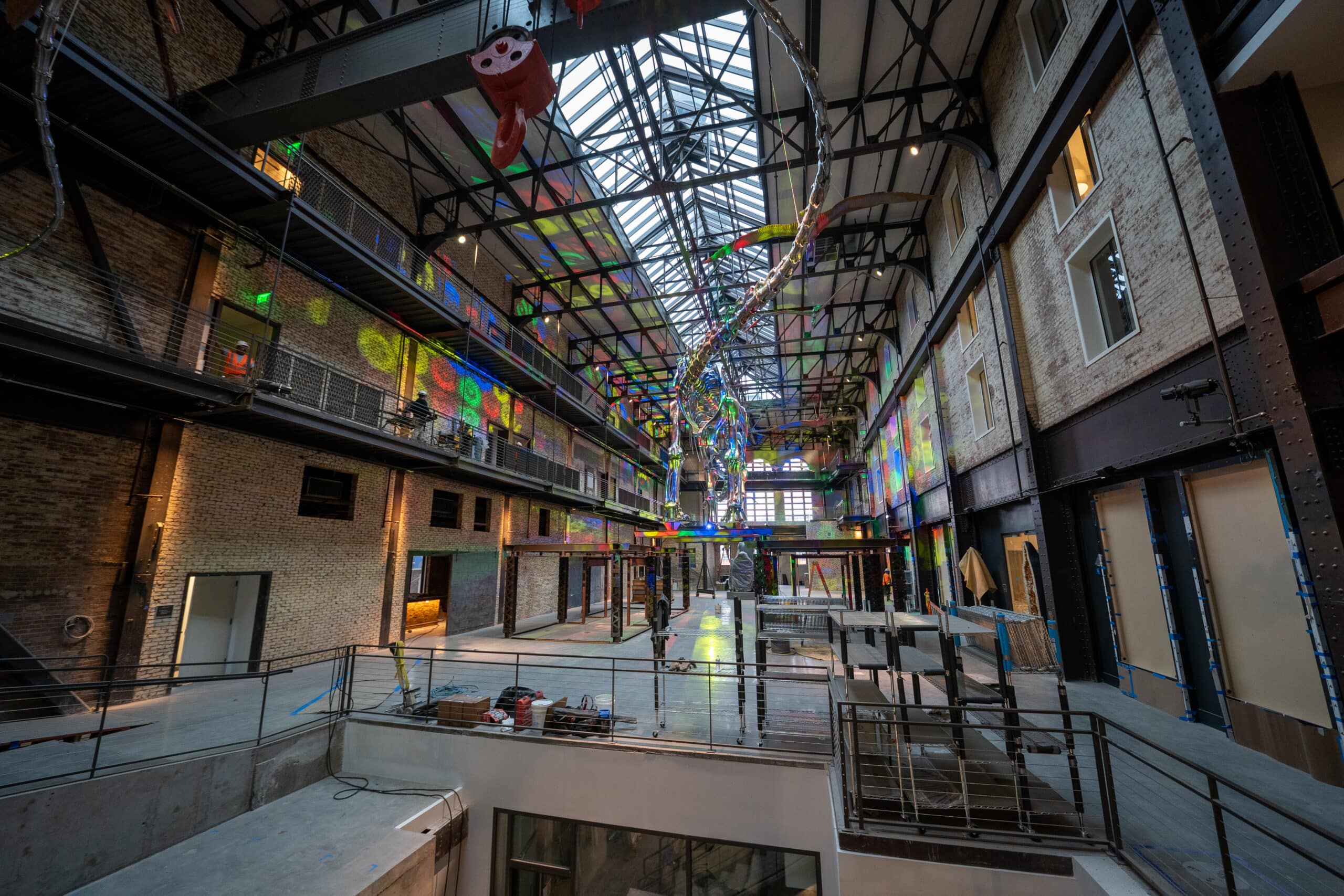 Large industrial warehouse interior with skylights