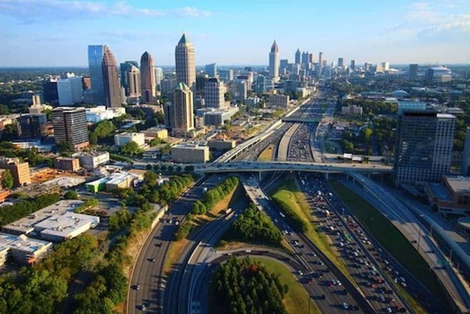 Atlanta skyline with a busy highway interchange in the foreground