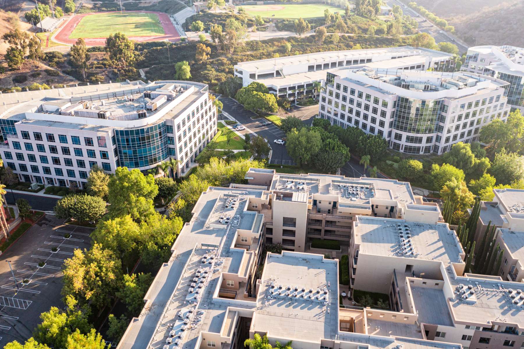Aerial view of corporate campus buildings
