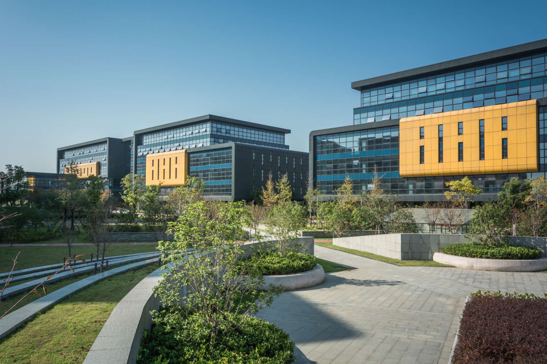 Modern office campus exterior with landscaping