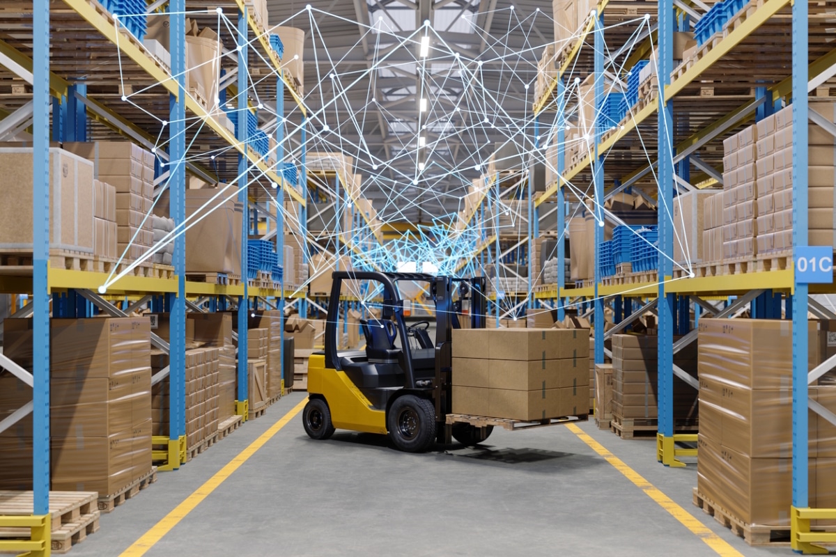 Forklift operating in warehouse aisle