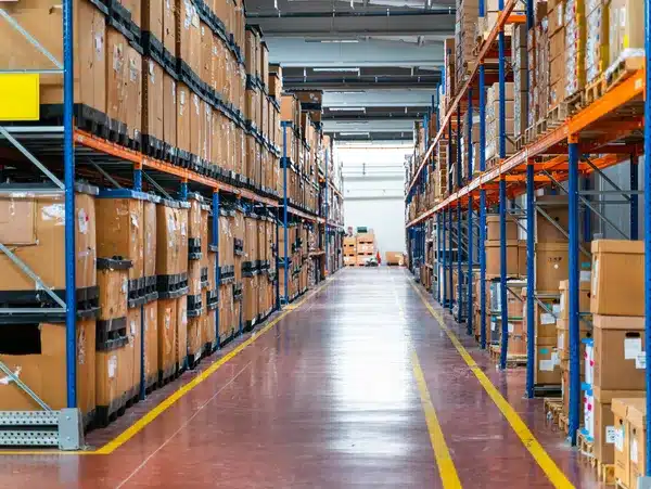 Warehouse storage racks with inventory boxes