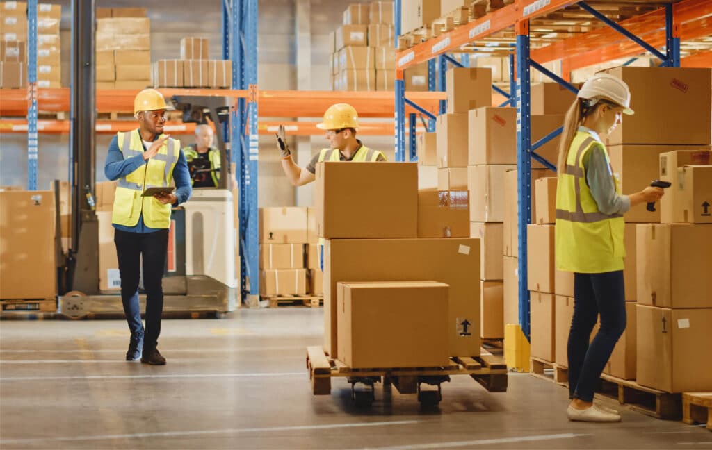 Warehouse aisle with boxes and pallets